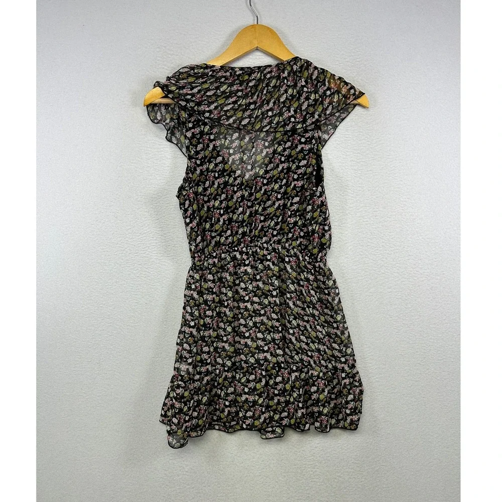 Cottagecore Lily White Womens Medium Black Floral Ruffle Chiffon‎ Mini Dress